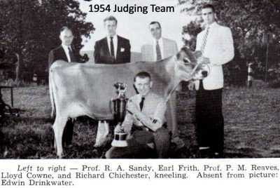 1954 Judging Team--Left to Right--Prof. R.A. Sandy, Earl Frith, Prof. P.M. Reaves, Lloyd Cowne, and Richard Chichester, kneeling. Absent from picture: Edwin Drinkwater.