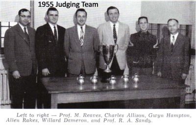 1955 Judging Team--Left to right--Prof. P.M. Reaves, Charles Allison, Gwyn Hampton, Allen Rakes, Willard Dameron, and Prof. R.A. Sandy.