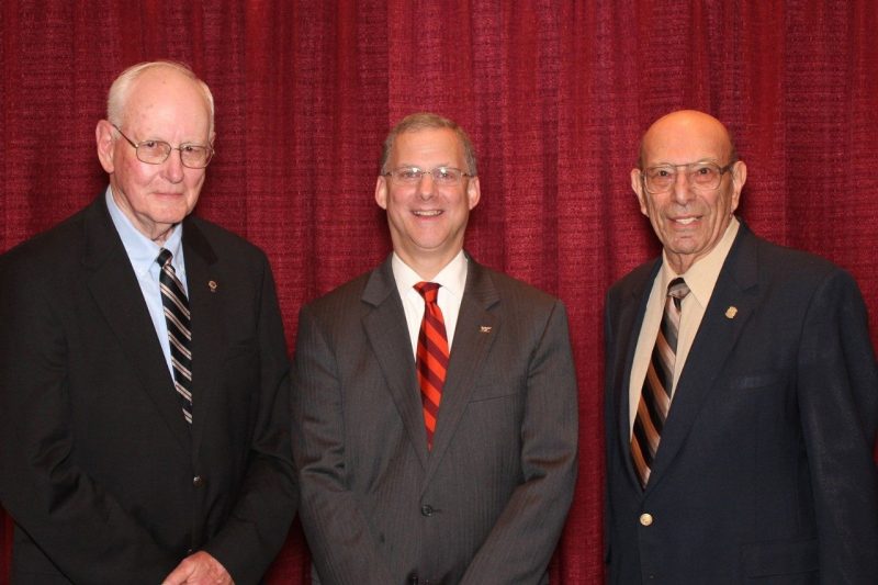 2016 Hall of Fame inductees, Dr. Richard Saacke (left) and Dr. Paul Siegal (right) pictured with CALS Dean Alan Grant (center).